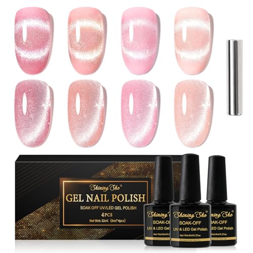 Shining She Cat Eye UV Nagellack,4 Farben Nude Rosa Hellrosa Glänzend Rosa Glitzer 9D Cat eye UV Gel Set Mit Magnet Nagellack,Soak-Off UV Gel Nail Polish French Manicure,8ML von Shining She