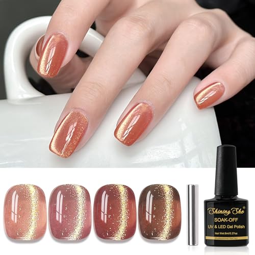 Shining She Cat Eye UV Nagellack Gel, 4 Farben 9D Holographisch Reflektierend Kaffee Braun Rot Rosa Schimmer Glitzer Cat Eye UV Nagellack Soak-Off UV Magnetic Nail Polish für Maniküre Salon, 8ML von Shining She