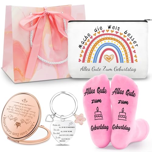 Shining She Geburtstagsgeschenk für Frauen Mädchen mit Kosmetiktasche Schlüsselanhänger Rosa Socken Kosmetikspiegel, Ohne Alter Geburtstag Geschenke für Mutter Tochter Schwester Freund von Shining She