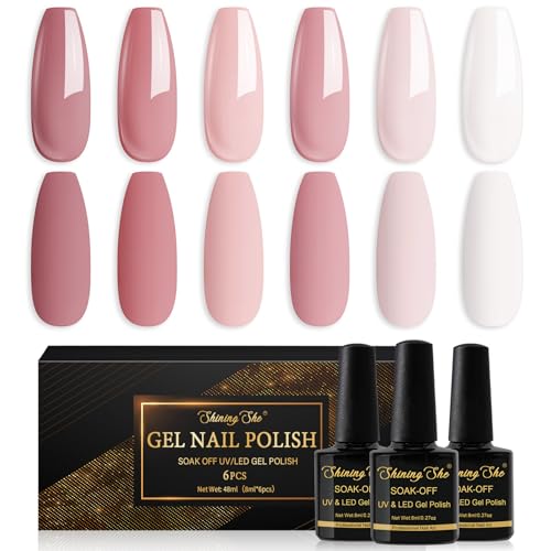Shining She UV Nagellack, 6 Farben Gellack UV Pastell Rosa Weiß Nude Rosa Dunkelrosa Nude Gel Polish Soak-Off UV Gel Nagellack für Anfänger Nail Salon DIY,8ML von Shining She