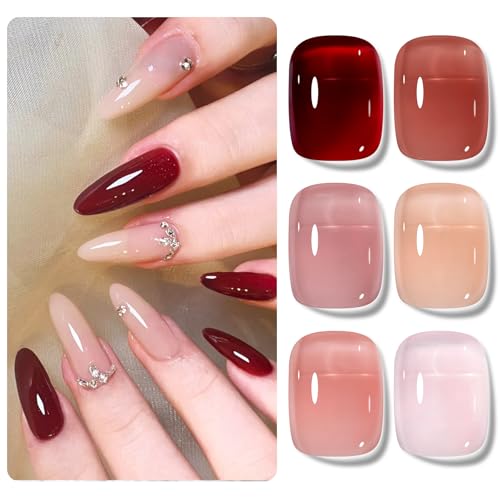 Shining She Jelly Nail Polish UV, 6 Farben Natürlich Nude Rosa Burgunder Rot Hautfarbe Transparent Kristall Gel Nagellack Set Soak-Off UV Nagellack für Anfänger DIY Nail Art, 8ml von Shining She