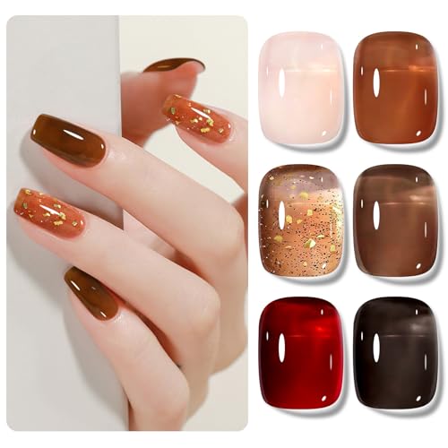 Shining She UV Nagellack, 6 Farben Rot Schwarz Nude Rosa Kaffee Braun Karamellbraun Jelly Nail Polish UV, Herbst Winter Transparent Gellack Set Soak-Off UV Lack für Anfänger DIY Nail Art, 8ml von Shining She