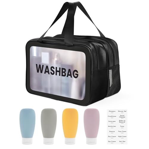 Shining She Kulturtasche Damen,Trocken-und Nasstrennung Tragbare Kulturbeutel Herren mit 4PCS Reiseflaschen Zum BefüLlen,Transparent wasserdichte PVC Waschtasche Herren(Schwarz, L) von Shining She