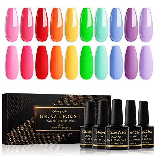 Shining She UV Nagellack Set,10 Farben Sommer Frühling Gel Nagellack Set Rosa Rot Orange Grün Blau Lila Soak Off UV LED Gel Nail Polish für Anfänger DIY Nail 8ML von Shining She