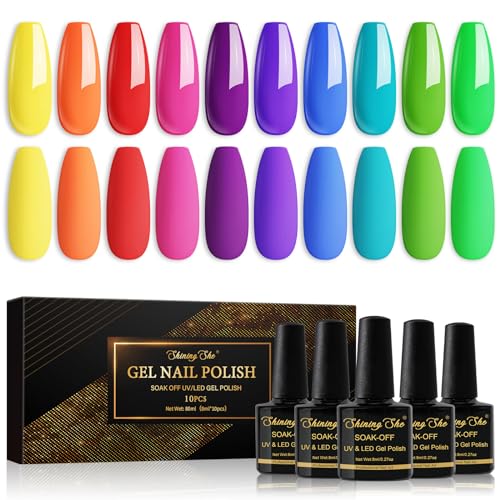 Shining She Neon UV Nagellack Set,10 Farben Rot Rosa Orange Gelb Blau Lila Grün Blau Gel Nail Polish Soak Off UV Gel Nagellack Sommer Regenbogen Nail Art Set für Mädchen,8ML von Shining She