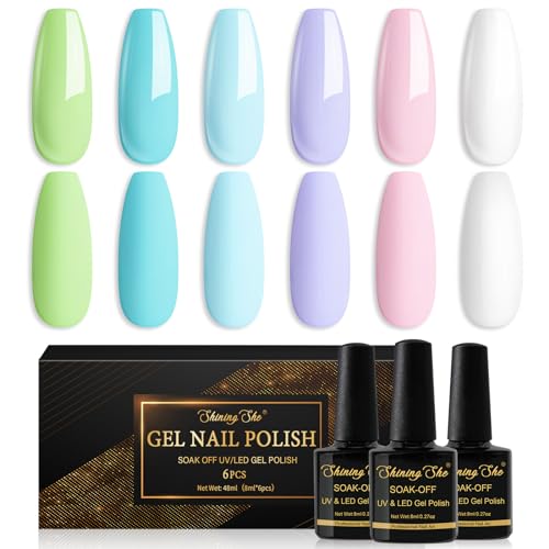 Shining She Pastell UV Nagellack Set,6 Farben Sommer Milchweiß Hellblau Zart Grün Hellrosa Hellviolett Gel Nagellack UV,Pastell Gellack Soak-Off UV Nail Polish Det Nailart DIY zu Hause,8ML von Shining She