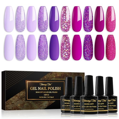 Shining She UV Nagellack, 10 Farben Glitzer Violett Lila Lavender Serie Frühlingspastell Gel Nagellack Set Soak-Off UV Gel Nail Polish Geeignet für Anfänger Kunst Salon DIY,8ML von Shining She
