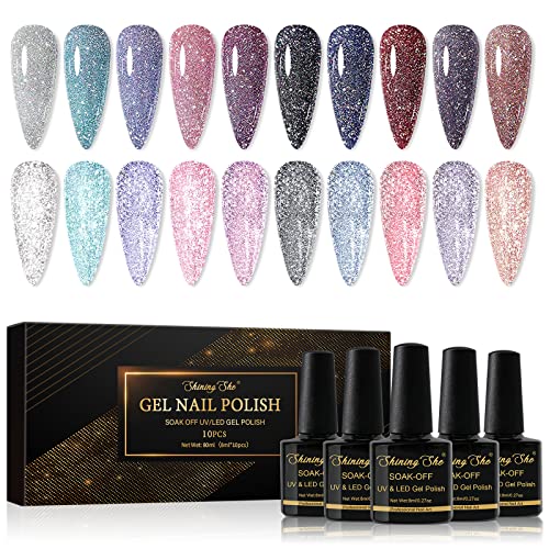 Shining She UV Nagellack Glitzer,10 Farben Multicolor Reflektierend Gel Nagellack Set Soak-Off UV Gel Nail Polish für Funkelnder glänzend in der Party und Bar,8ML von Shining She