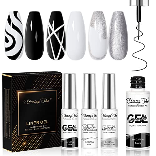 Shining She Gel Liner Nagellack Set - 3 Farben Schwarz Silber Weiß für UV Nail Art Drawing Lines - Soak-Off Polish für Anfänger DIY, 8ML von Shining She