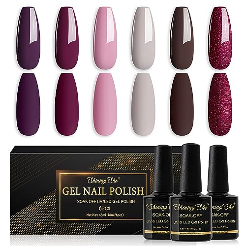Shining She UV Nagellack, 6 Farben Glitzer Rot Rose Braun Gel Nagellack Set Soak-Off UV Gel Nail Polish Herbst Winter Maniküre Set für Anfänger Nail Art Salon DIY, 8ML von Shining She