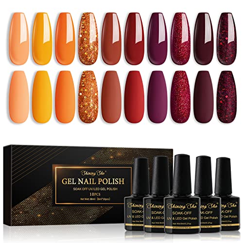 Shining She UV Nagellack,10 Farben Herbst Orange Rot Dunkelrot Glitzer Gel Nagellack Set Soak Off UV Gel Nail Polish für Anfänger DIY Nail,Halloween Geschenke für Mädchen,8ML von Shining She