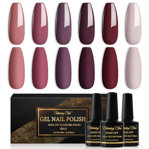 Shining She UV Nagellack,6 Farben Herbst Winter Dunkle Serie Dunkelrot Dunkelrosa Braun Gel Nagellack Soak-Off UV nagellack Winter Gel Nail Polish für Anfänger DIY Nail Art Set,8ml von Shining She