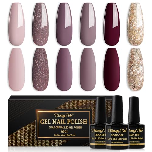 Shining She UV Nagellack Braun,6 Farben Glitzer Golden Matt Dunkelrot Graubraun Gel Nagellack,Gellack Soak-Off UV nagellack Winter Gel Nail Polish Set für Anfänger DIY Nailart zu Hause,8ml von Shining She