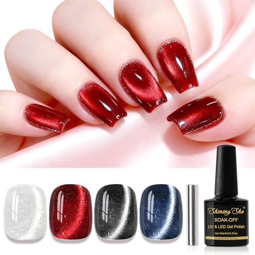 Shining She UV Nagellack Cat Eye, 4 Farben 9D Holographisch Cateye Magnet Nagellack Soak Off UV, Klassiker Weiß Rot Schwarz Blau Glitzer Gel nagellack für Frauen Maniküre Salon DIY, 8ML von Shining She