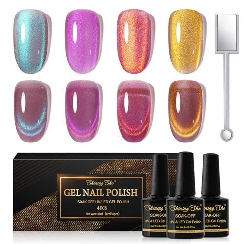 Shining She UV Nagellack Cat Eye, 4 Farben Holografisch Reflektierend Magnet Cat Eye Cyan Rot Lila Gelb UV Gel Nagellack Set Soak-Off UV Gel Nail Polish für Anfänger Maniküre Salon, 8ML von Shining She