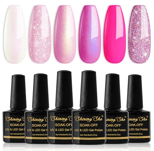 Shining She UV Nagellack Glitzer Rosa, 6 Farben Sommer Rosa Mermaid Gel nagellack - rosa Fuchsia Weiß Perlglanz Pink Gel Nail Polish Soak Off UV für Anfänger Kunst Salon DIY,8ML von Shining She