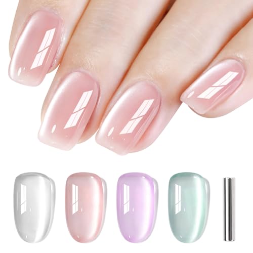 Shining She UV Nagellack Jelly Cat Eye, 4 Farben Weiß Rosa Lila Grün Transparent Glas Kristall Cat Eye UV Gel Nagellack Soak-Off UV Gel Nail Polish für Anfänger Nail Art Salon, 8ML von Shining She