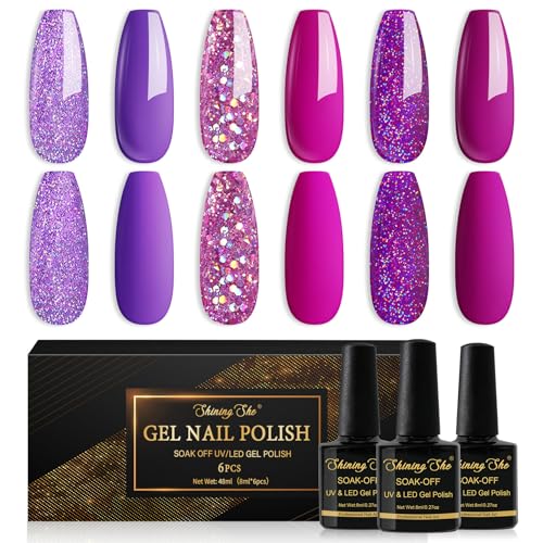 Shining She UV Nagellack Lila,6 Farben Glitzer Lila Dunkellila Purpurrot Fuchsia Gel Nagellack,Gellack Soak-Off UV Gel Nail Polish Set für Anfänger DIY Nailart,8ml von Shining She