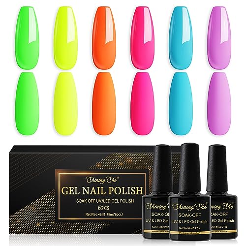 Shining She UV Nagellack Neon, 6 Farben Leuchtend Grün Orange Blau Rose Sommer Gel Nagellack Set Soak-Off UV Gel Nail Polish Geeignet für Nail Art Salon DIY Home,8ML von Shining She