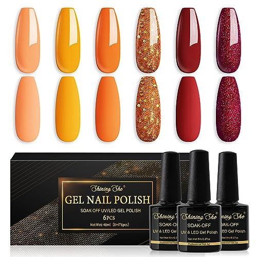 Shining She UV Nagellack Orange,6 Farben Herbst Orange Rot Glitzer Gel Nagellack Set Soak-Off UV Gel Nail Polish Set für Anfänger DIY Home,Halloween, 8ML von Shining She