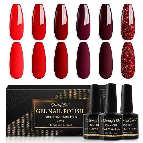 Shining She UV Nagellack Rot,6 Farben Rubinrot Dunkelrot Glitzer Gel Nagellack UV, Gellack Rot Soak-Off UV Gel Nail Polish Geeignet für Anfänger Kunst Salon DIY,8ML von Shining She