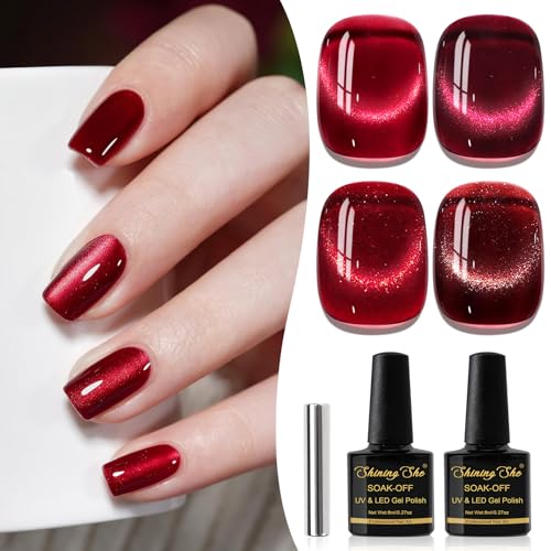 Shining She UV Nagellack Rot CatEye,4 Farben Burgund Rot Kirschrot Glitzer Kristall Jelly Cat Eye UV Gel Nagellack Mit Magnet Soak-Off UV Nail Polish für Maniküre Salon,8ML von Shining She