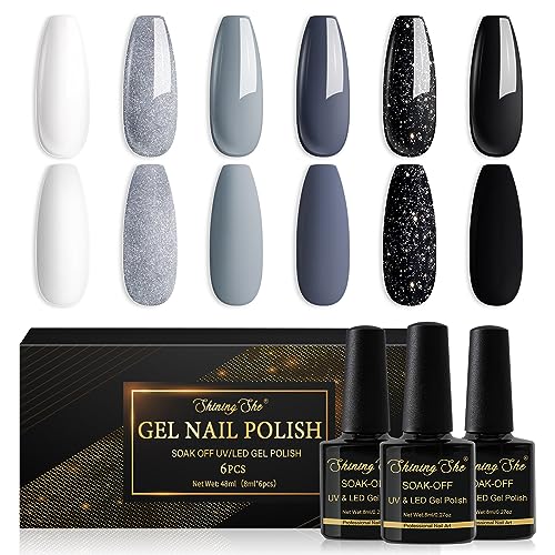 Shining She UV Nagellack Schwarz, 6 Farben Glitzer Grau Schwarz Weiß Gel Nagellack Set Soak-Off UV Gel Nail Polish Maniküre Set für Anfänger Nail Art Salon DIY, 8ML von Shining She