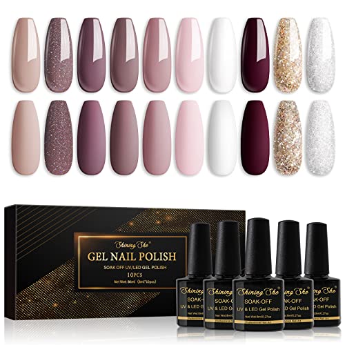 Shining She UV Nagellack,10 Farben Gel Nagellack Nude Rosa Braun Glitzer Gold Weiß,Gellack Soak-Off UV Gel Nail Polish Starter Set für Frauen Nail Salon DIY, 8ML von Shining She