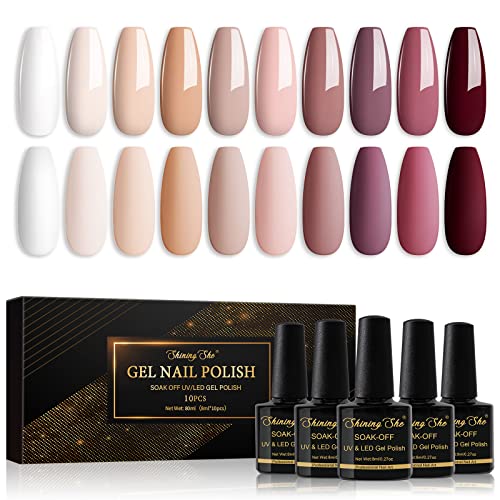 Shining She 10 Farben UV Gel Nagellack Set - Weiß, Beige, Nude, Rosa, Champagner, Braun - Soak-Off UV Gel für Anfänger DIY Salon Nail - Nagelkunst Set für Frauen 8ML von Shining She
