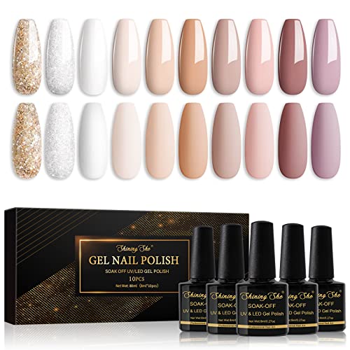 Shining She UV Nagellack,10 Farben Gel Nagellack Nude Beige Weiß Golden Lila,Gellack Soak-Off UV Gel Nail Polish Starter Set,Maniküre Set für Frauen Nail Salon DIY, 8ML von Shining She