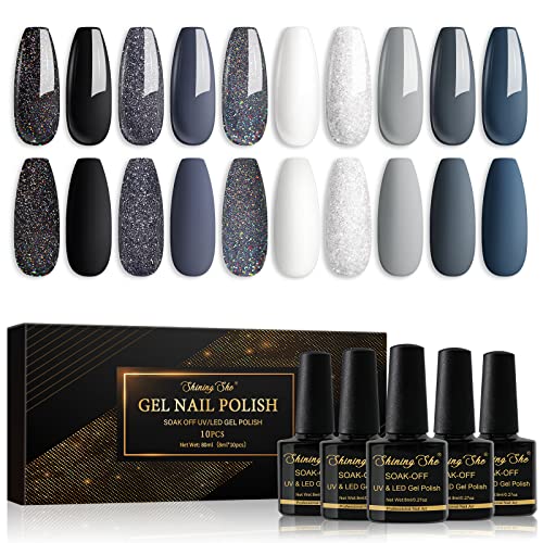 Shining She UV Nagellack Schwarz,10 Farben Gel Nagellack Glitzer Schwarz Weiß Grau,Gellack Set Soak-Off UV Gel Nail Polish Maniküre Set für Frauen Nail Salon DIY, 8ML von Shining She