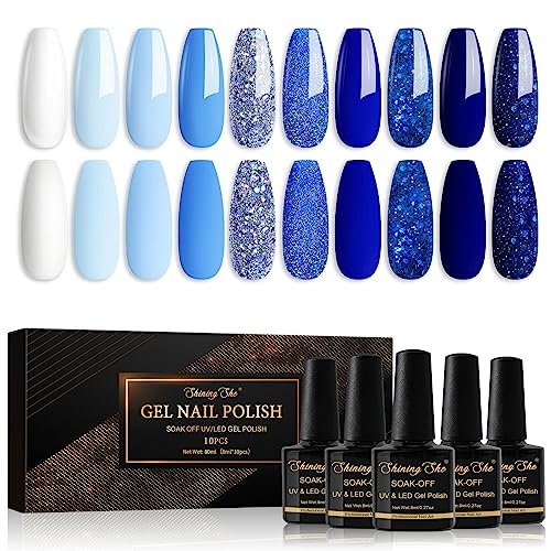 Shining She UV Nagellack Set Glitzer,10 Farben Milchig Himmelblau Königsblau Blau Gel Nagellack Set Soak-Off UV Gel Nail Polish für Anfänger Kunst Salon DIY,8ML von Shining She