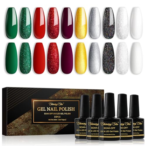Shining She UV Nagellack Weihnachten,10 Farben Herbst Winter Gel Nagellack Set Glitzer Gold Grün Rot Weiss Schwarz,Soak Off UV Gel Nail Polish für Anfänger DIY Nail,8ML von Shining She