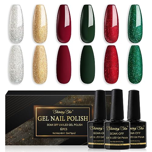 Shining She UV Nagellack Weihnachten Set, 6 Farben Glitzer Rot Grün Gold Silber Gel Nagellack Set Soak-Off UV Gel Nail Polish Geeignet für Anfänger Nail Art Salon DIY Home, 8ML von Shining She