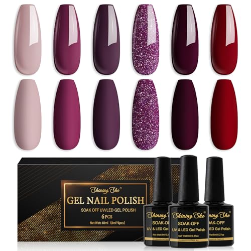 Shining She UV Nagellack Winter,6 Farben Rot Dunkelviolett Dunkelrot Glitzer Lila Gel-Nagellack Soak-Off UV Gel Nail Polish für Anfänger DIY Nail Art Set,8ml von Shining She