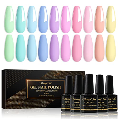 Shining She UV Nagellack Set, 10 Farben Pastell Frühling und Sommer Gel Nail Polish Soak-Off UV Gel Nagellack für Anfänger Kunst Salon DIY,8ML von Shining She
