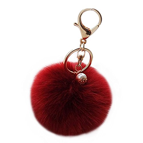 Shining crown Flauschiger Ball Auto Schlüsselanhänger Frauen Pom Pom Handtasche Charms Anhänger Perle, Weinrot und goldene Schnalle, M, von Shining crown