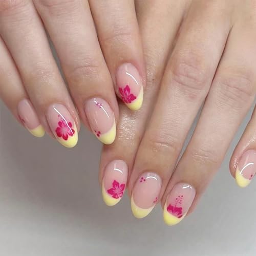 ShiningUU Nägel zum Aufdrücken, französische Kunstnägel mit rotem hawaiianischem Blumen-Design, kurze, ovale, mandelförmige Kunstnägel für Sommerurlaub und Party, zum Aufkleben, für Damen, Mädchen, 24 von ShiningUU