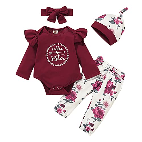 Shiningbaby Baby Mädchen Kleidung Set Little Sister Strampler Top und Rose gedruckt Hose und Stirnband 3 Stück Outfit (0-3 Monate, White-red) von Shiningbaby