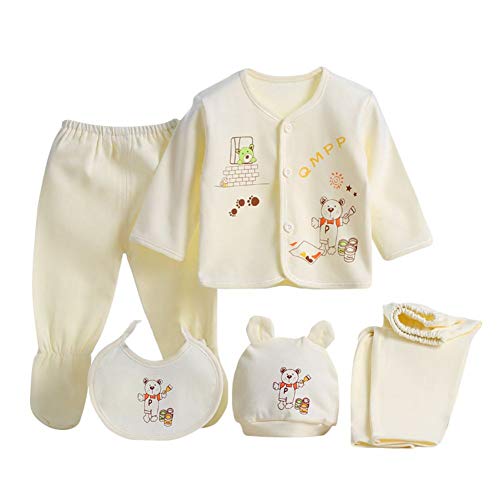 Shiningup Neugeborenes Baby 5er Baumwolle Kleidung Set Essentials Bundle Caring Geschenk (Hut + Bib + Pyjamas Anzug + Hosen) 0-3 Monate (0-3M, Gelb 2) von Shiningup