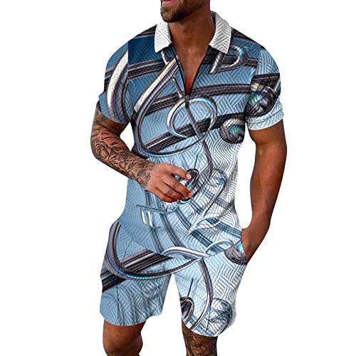 90er Jahre Outfit Herren Party Mens Fashion Leisure Seaside Beach Holiday 3D-Digitaldruck Reißverschluss Kurzarmhemd und Shorts Anzug Zweiteiler 80er Jahre Outfit Herren Party von Shiningupup