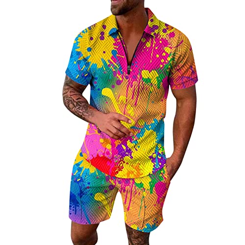 hawaii outfit herren orange 90er jahre outfit herren hip hop Mens Fashion Leisure Seaside Beach Holiday 3D-Digitaldruck Reißverschluss Kurzarmhemd und Shorts Anzug Zweiteiler hawaii outfit herren rot von Shiningupup