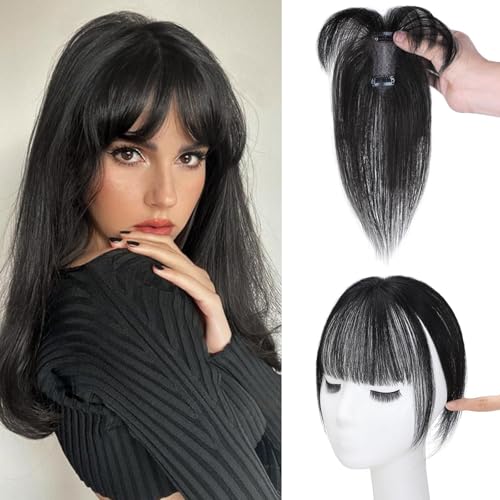Shinon 10 Zoll große Haarteile aus Echthaar mit Pony, Haarteile aus echtem Menschenhaar, Pony-Clip-in-Haarteile für dünner werdendes Haar, Damen-Pferdehaarverlängerung (Natural Black) von Shinon