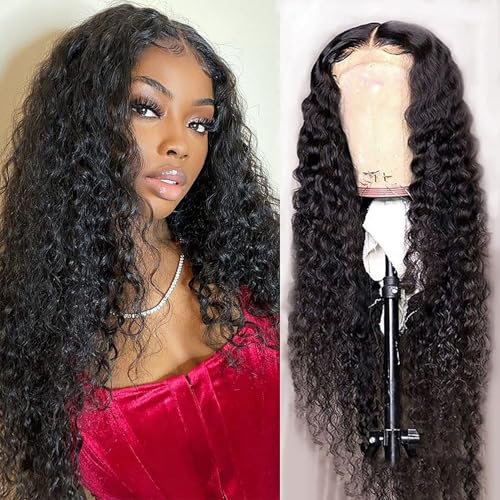 Shinon 24" Water Wave Lace Front Wig Human Hair 13x4“, HD, transparente Spitzenfrontperücken, tief gelockte Echthaarperücken für Frauen, natürliches Schwarz von Shinon