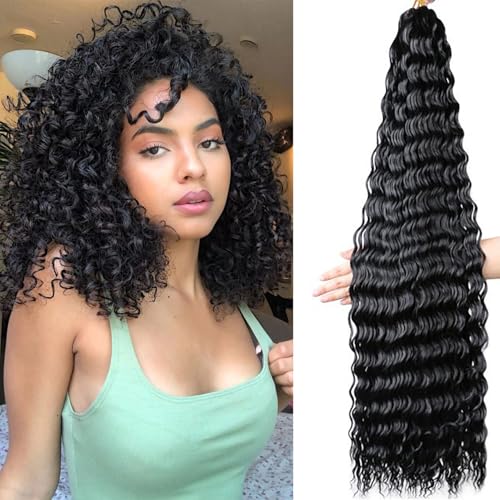 Shinon 30 Zoll Curl Ocean Wave Häkelhaar Deep Wave Bulk Hair Ombre Bohemian Häkelzöpfe Deep Wave Haarbündel Synthetische Haarverlängerungen für Frauen (1b#, 3packs) von Shinon