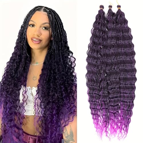 Shinon 30 Zoll 1/3 Packungen Curl Ocean Wave Häkelhaar Deep Wave Bulk Hair Ombre Bohemian Häkelzöpfe Deep Wave Haarbündel Synthetische Haarverlängerungen für Frauen (t1b-purple, 3packs) von Shinon