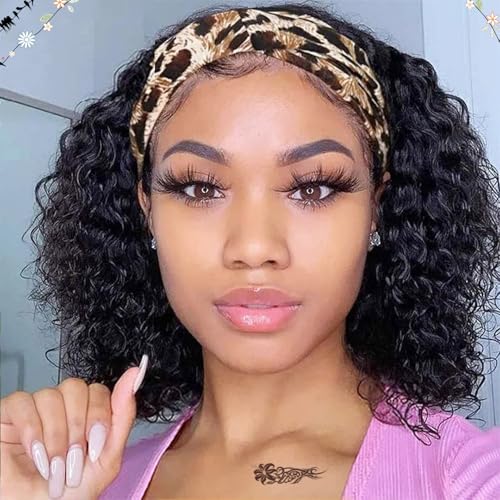 Shinon Headband Wig Human Hair Deep Wave Human Hair Wigs for Black Women Curly Half Wig None Lace Front Wigs 180% Density Brazilian Virgin Hair (1B-deep wave, 14") von Shinon