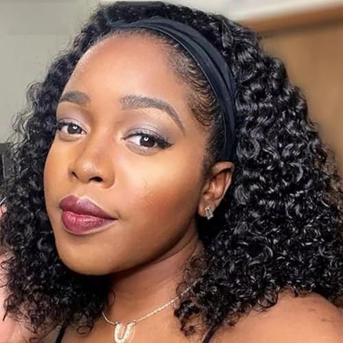 Shinon Headband Wig Human Hair Deep Wave Human Hair Wigs for Black Women Curly Half Wig None Lace Front Wigs 180% Density Brazilian Virgin Hair (1B-kinky curly, 8") von Shinon