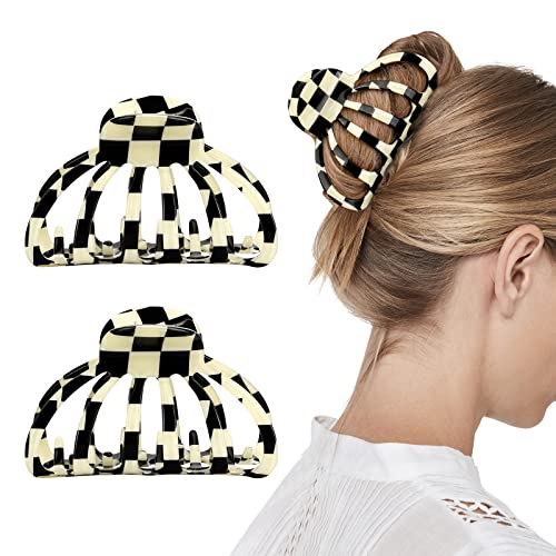 Shinowa Haarklammer Damen, 2 Stück Hair Claw Clips Haarspangen mit Schachbrettmuster Rutschfeste Kieferklammern Klaue Frauen Haarklauenclips für Dickes Haar Dünnes Haar Zubehör, Schwarz & Weiß von Shinowa