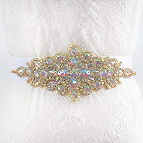 ShinyBeauty Strassgürtel Mehrfarbiger Goldschärpengürtel Taillengürtel Frauen Perlenschärpen Brautkleid Gürtel Brautaccessoires Kristallklarer Strassbesatz Strassgürtel Irisierendes Gold RA004 von ShinyBeauty